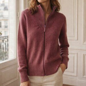 Woolrich Sweater Jacket Purple Wineberry Ribbed Zip Up Collared Ramie Medium